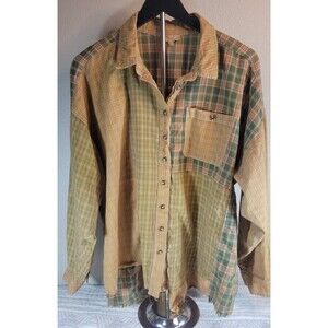 Easel Plaid Patchwork Distressed Hem Flannel Shirt Yellow Green L Boho Grunge